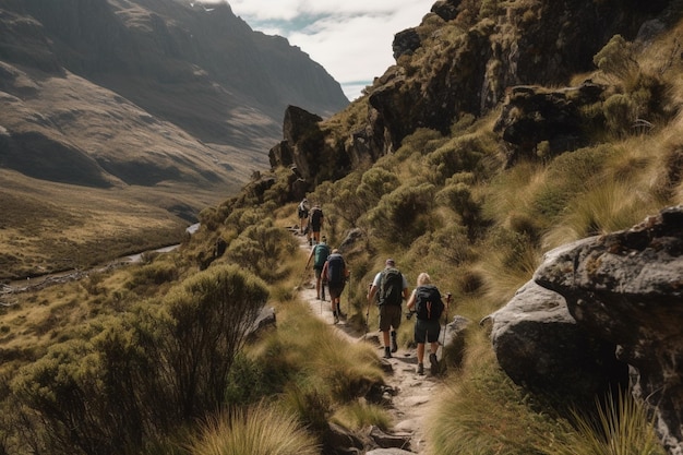 A group of people hiking on a mountain trail