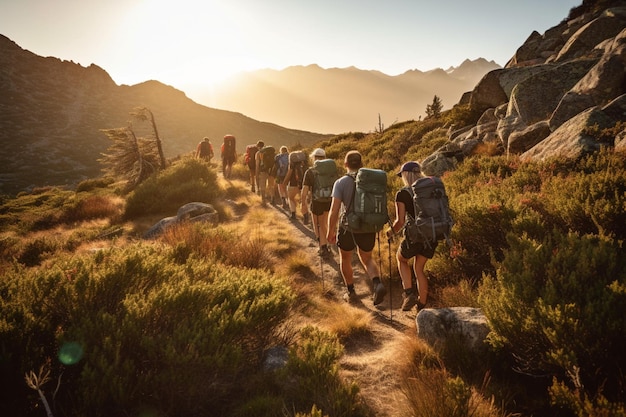 A group of people hiking in the mountains