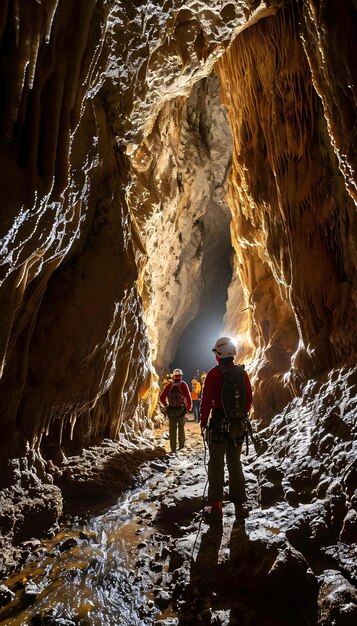 a group of people hiking through a cave