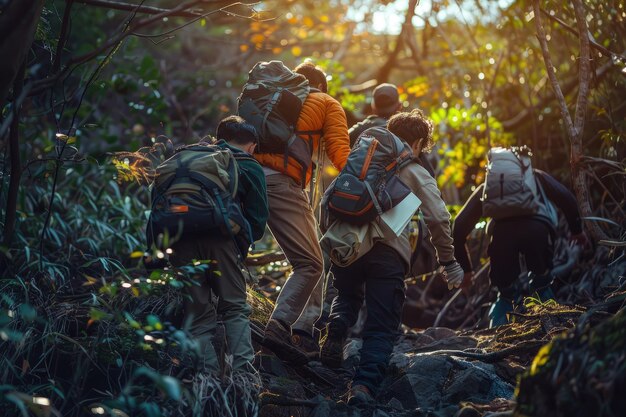 Foto un gruppo di persone che camminano attraverso una foresta