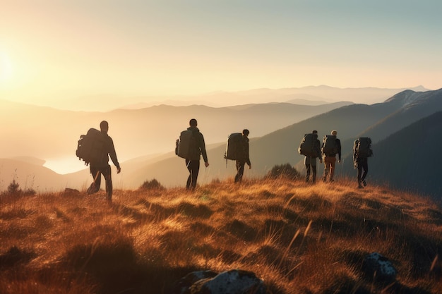 A group of people hiking up a hill generative AI