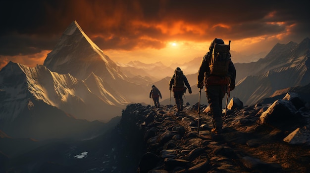 Photo a group of people hiking up a mountain with mountains in the background.