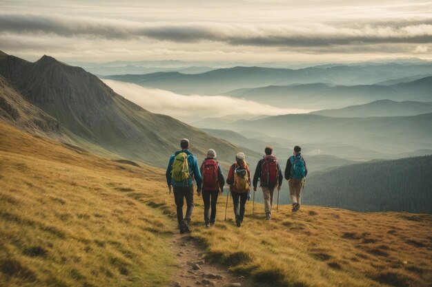 Photo a group of people hiking up a mountain