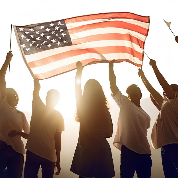 A group of people holding an american flag