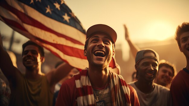 Photo group of people holding american flags