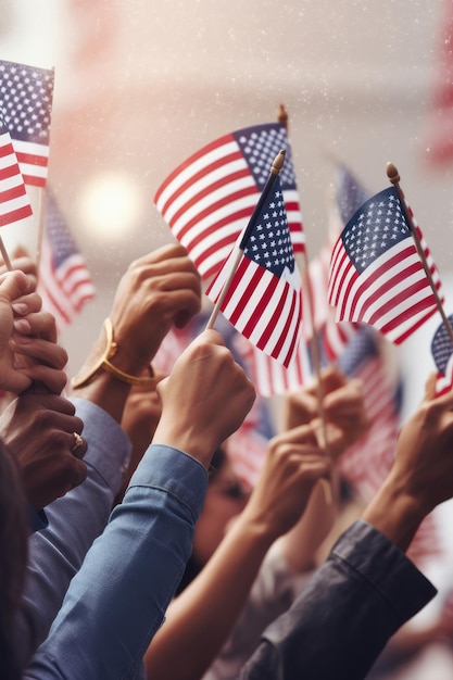 Foto un gruppo di persone in possesso di bandiere americane