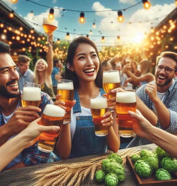 Photo a group of people holding beers in front of a bar with the sun behind them