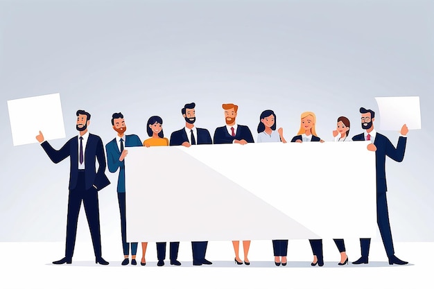 Group of people holding blank banner business team with empty billboards in hands