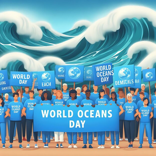 a group of people holding blue signs that say world oceans day