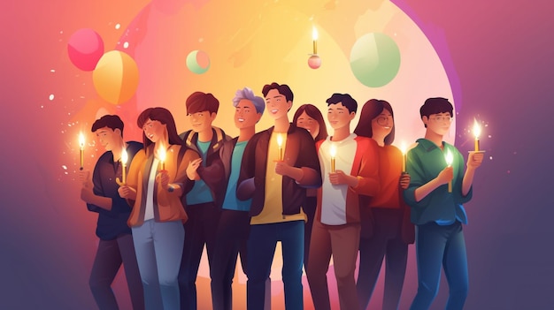 A group of people holding candles in front of a rainbow.