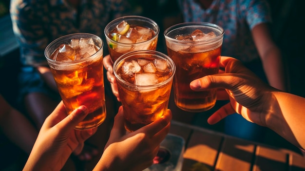 Group of people holding cocktails with ice on nature background