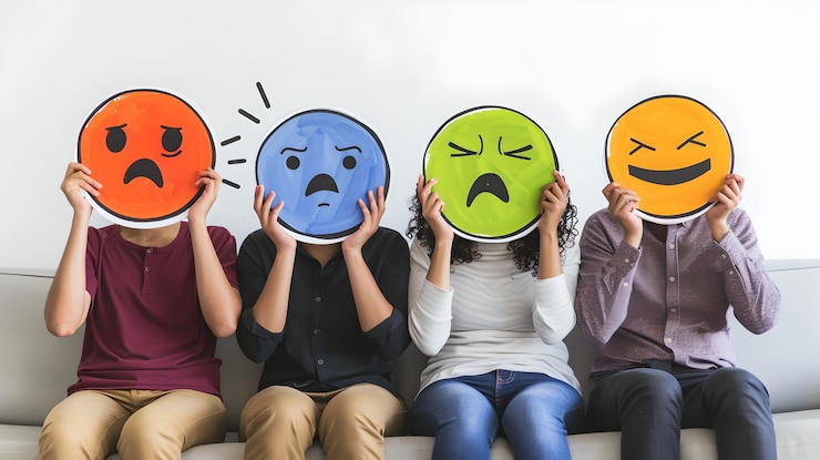 Photo 一群人拿着彩色 emoji 面孔在他们面前 情感多样性概念 适合网络和印刷 简单和可联系的人工智能
