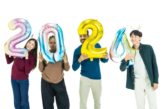 Photo group of people holding fantasy color balloons bubble of the number 2024 for the new year