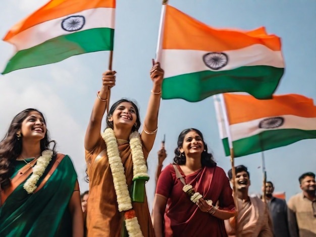 a group of people holding flags with the word  india  on the top
