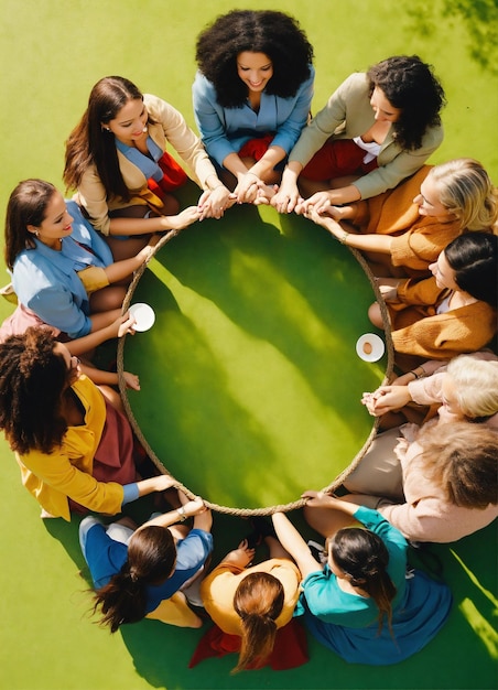 a group of people holding hands around a green circle