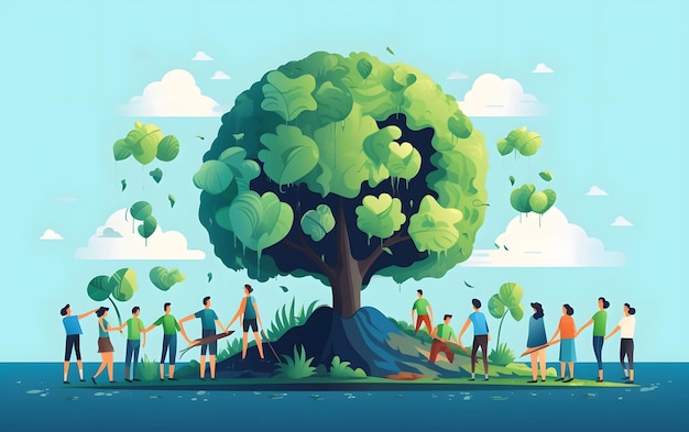 A group of people holding hands around a tree