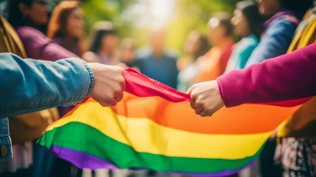 Foto gruppo di persone che si tengono per mano la bandiera lgbt