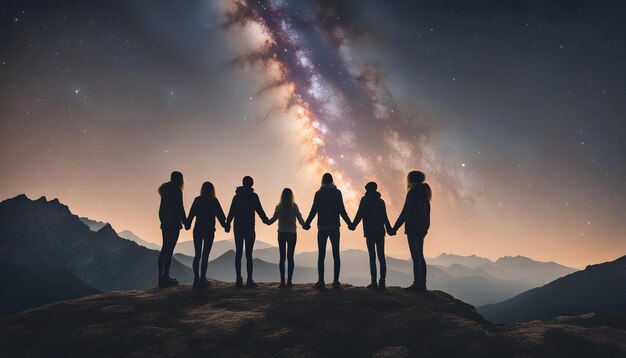 a group of people holding hands on a mountain top with the background of a galaxy behind them