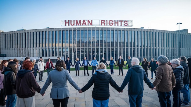 a group of people holding hands and standing in front of a building with the word human rights on it
