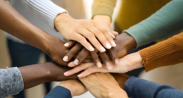 手を握っている人々のグループそのうちの1人は手の積み重ねを握っています