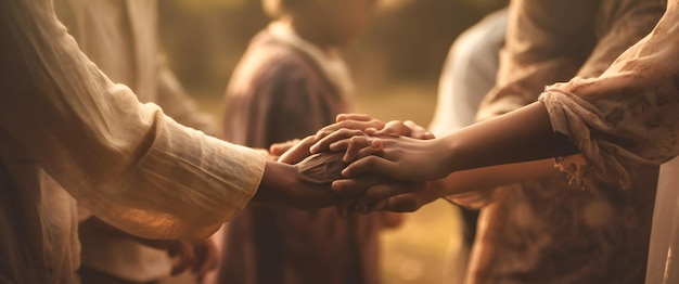 A group of people holding hands together