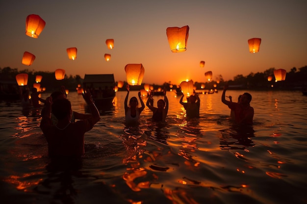 A group of people holding lanterns into the water at sunset