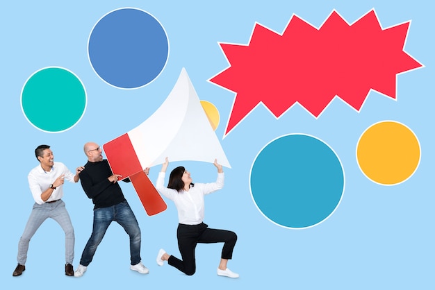 Photo group of people holding a megaphone