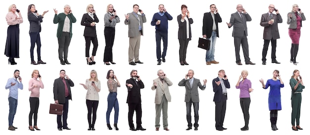 Photo group of people holding phone in hand isolated