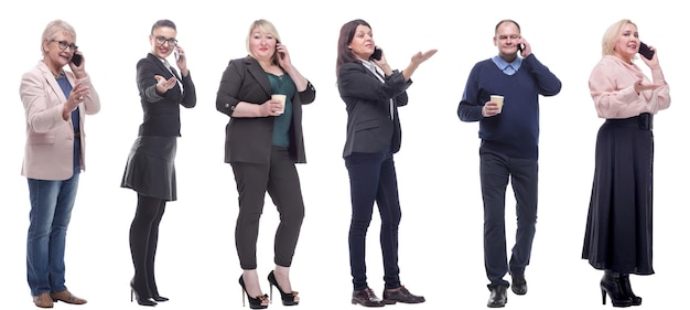 Photo group of people holding phone in hand isolated