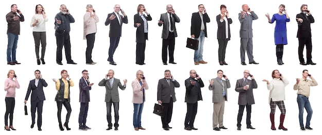 Group of people holding phone in hand isolated