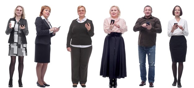 Group of people holding phone in hand and looking at camera