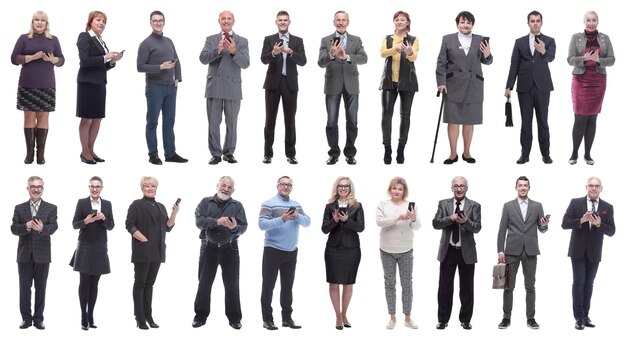 Group of people holding phone in hand and looking at camera