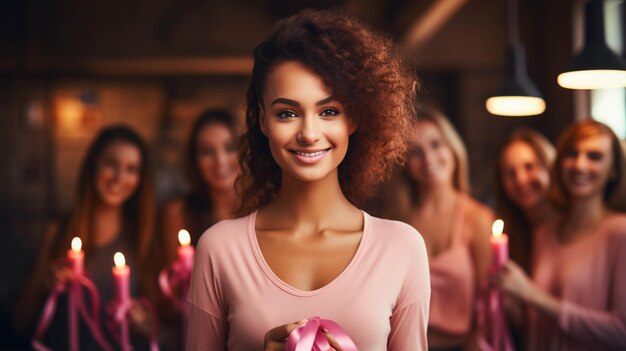 A group of people holding a pink ribbon for breast cancer awareness