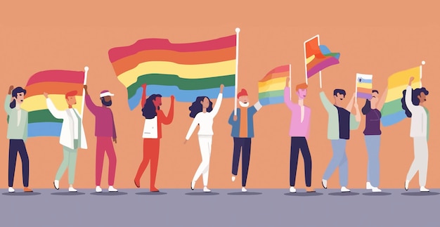 A group of people holding rainbow flags and a rainbow flag.