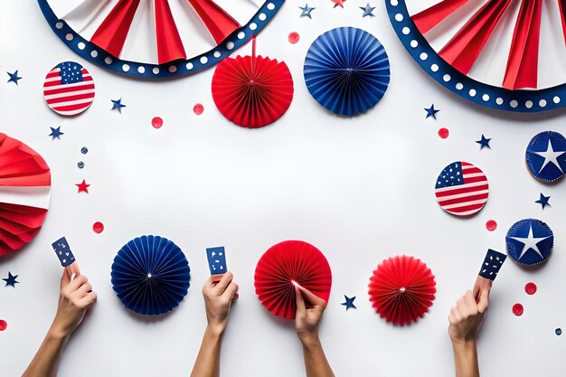 Photo a group of people holding red, white, and blue paper hats with the words usa on the wall.