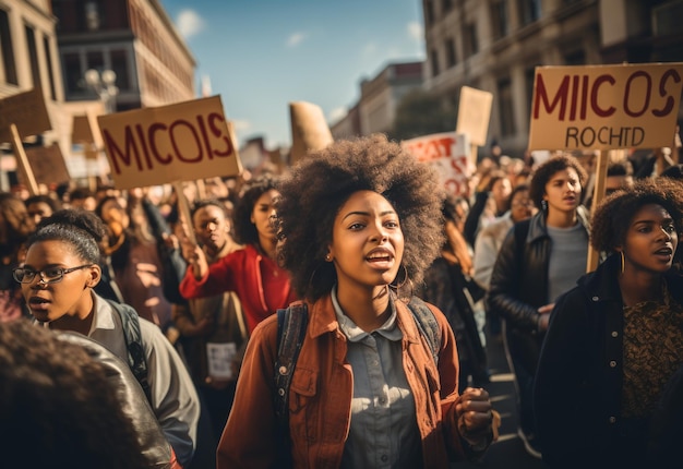 Foto gruppo di persone con cartelli in una protesta in strada.