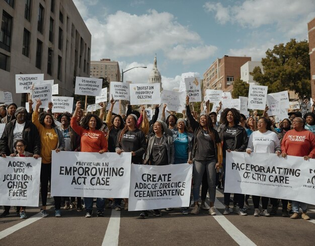 a group of people holding signs that say play act