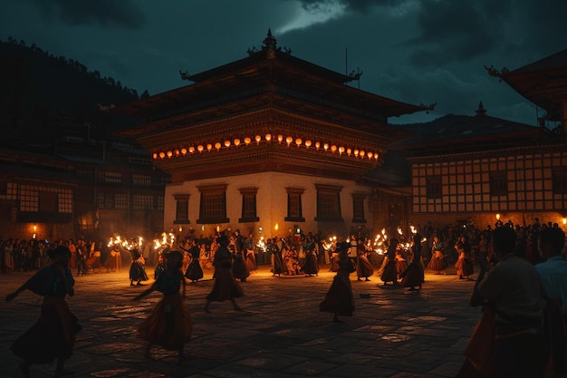 Photo a group of people holding torches in front of a building