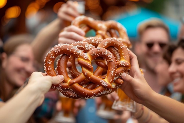 Foto un gruppo di persone che tengono in mano grandi pretzel