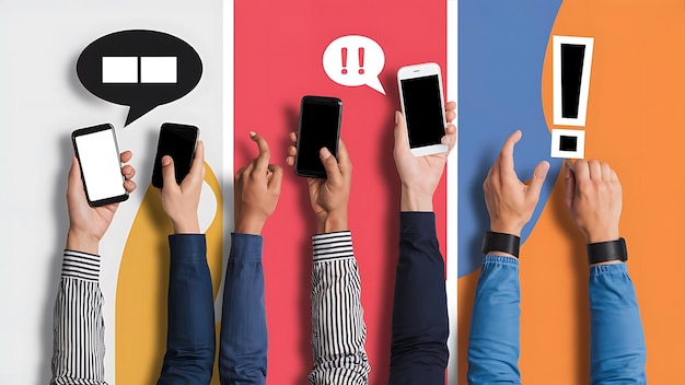 a group of people holding up their phones with a speech bubble in the background