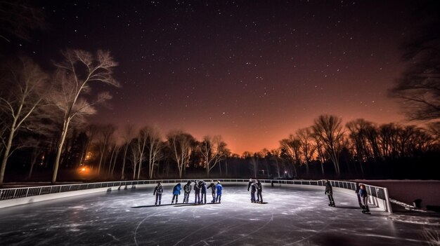 夜にアイススケートをする人々のグループ