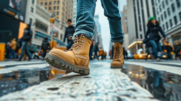 A group of people including a man in boots walking down a city street lined with tall buildings