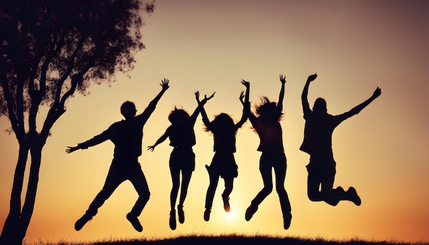 Foto un gruppo di persone che saltano in aria con il sole dietro di loro