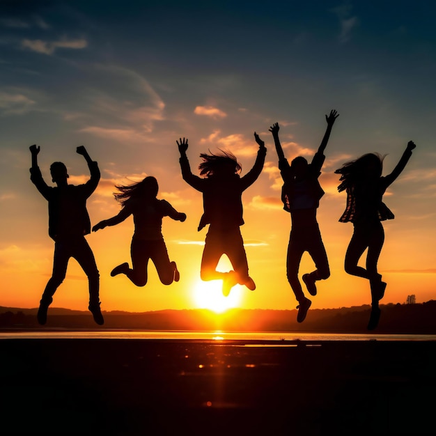 a group of people jumping in the air