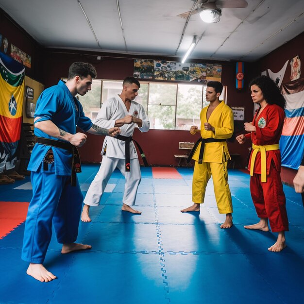 A group of people in karate uniforms are practicing karate