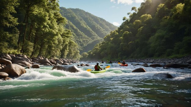 Group of People Kayaking Down River