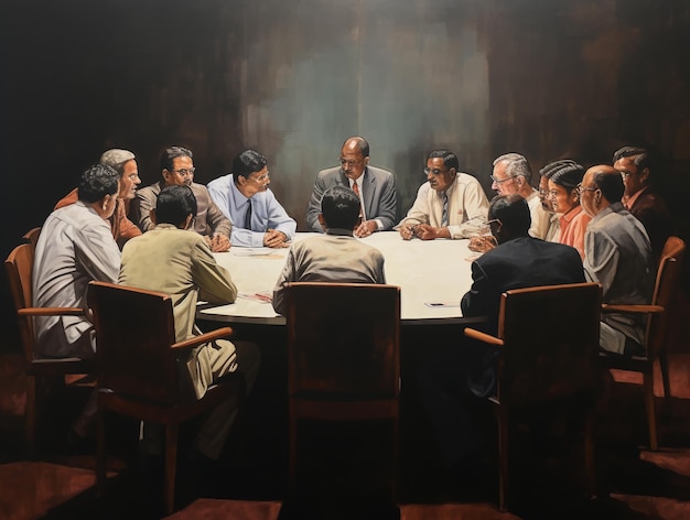 group of people at a large table