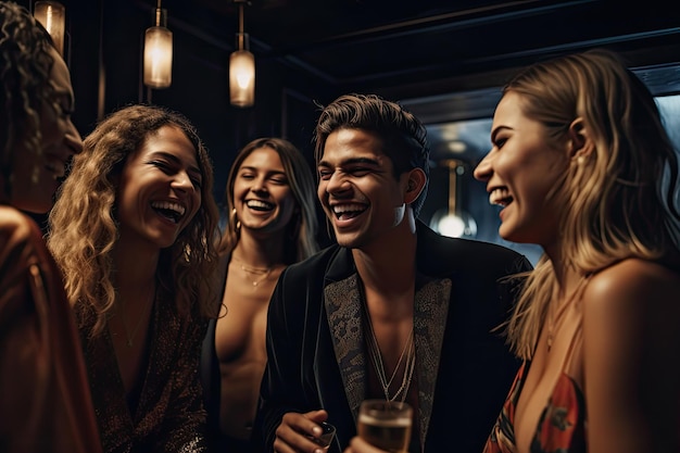 A group of people laughing in a bar