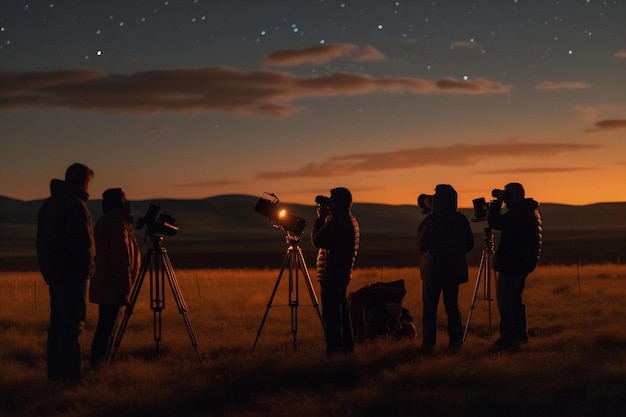 A group of people looking at cameras in a field with a night sky and the stars in the background.
