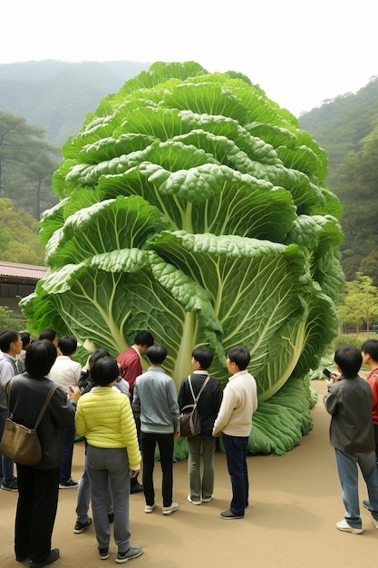 Photo a group of people looking at a giant cabbage.